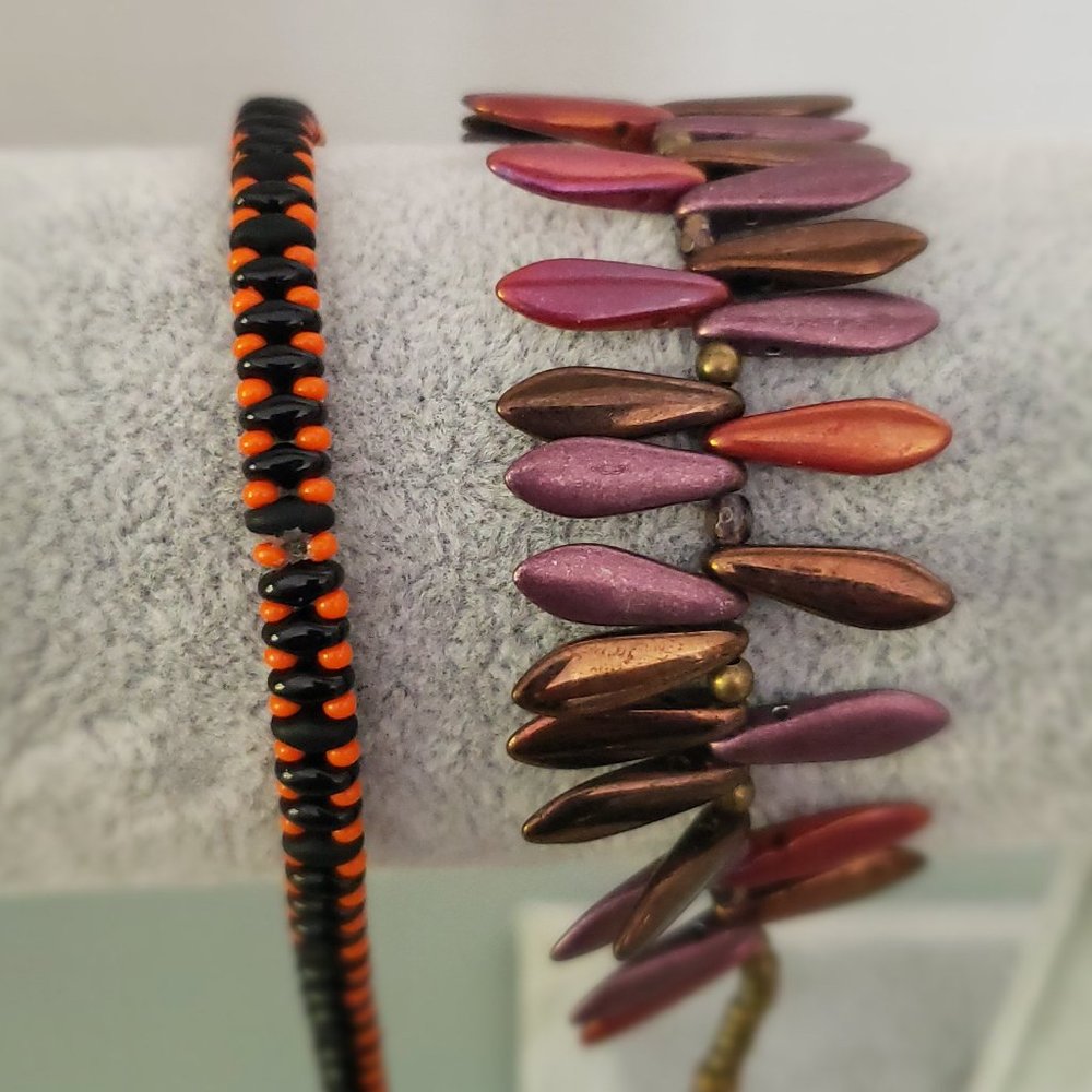 Orange and Black superduo beaded bracelet and Fall Colored Cowboy bracelet